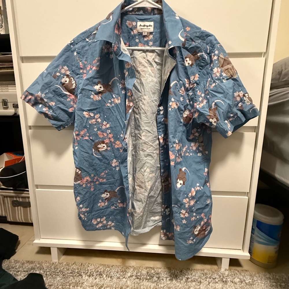 Blue Short Sleeve Shirt with Floral and Animal Print